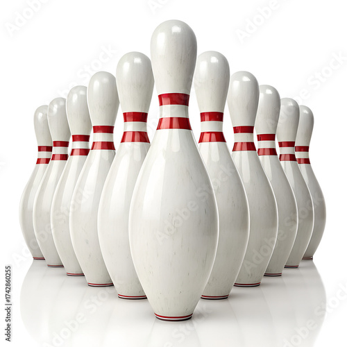 Ultra-Realistic 3D Bowling Pins Set on Pure White Background – High-Resolution Studio Image