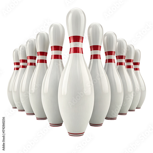 Ultra-Realistic 3D Bowling Pins Set on Pure White Background – High-Resolution Studio Image