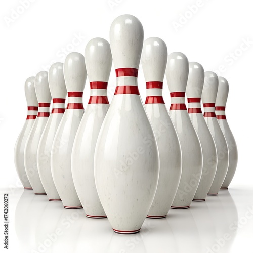 Ultra-Realistic 3D Bowling Pins Set on Pure White Background – High-Resolution Studio Image