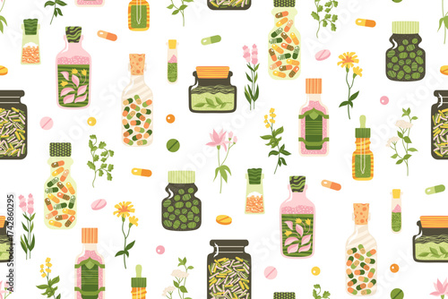 Medicine bottle pills capsules vitamin supplements seamless pattern. Pharmaceutical ayurvedic boundless background. Endless design for paper print, fabric textile, wrapper backdrop vector template
