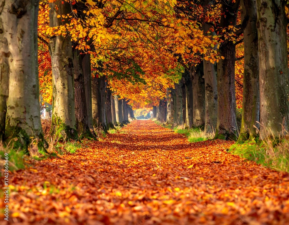 Fototapeta premium Pathway lined with vibrant trees in autumn, covered in fallen leaves