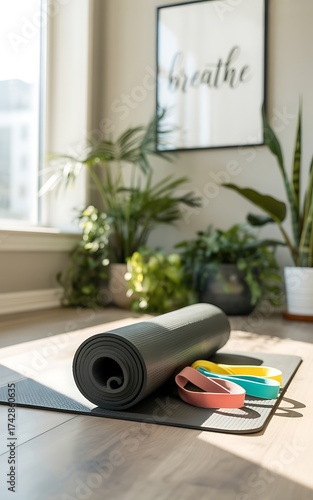 Yoga mat and resistance bands ready for home workout