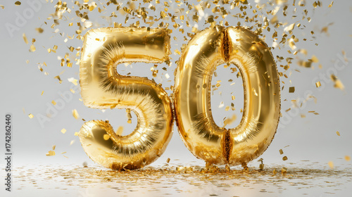 Shiny gold number 50 balloons surrounded by falling golden confetti on a light background symbolizing a festive celebration or milestone event