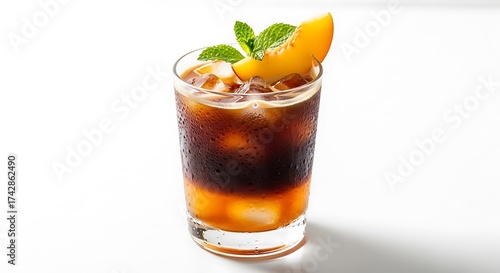 Refreshing Peach Iced Coffee Cocktail with Mint Garnish.