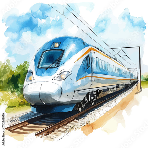 watercolor vector of High-Speed Train, isolated on a white background.