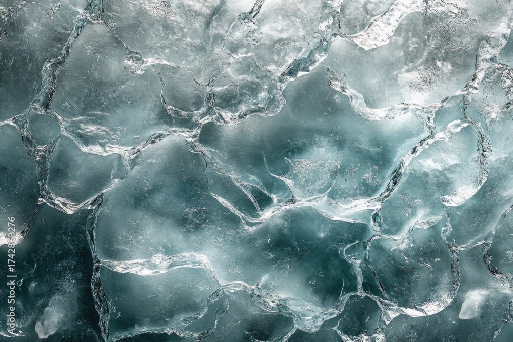Obraz premium An abstract close-up reveals the stunning intricate textures of glacial ice, showcasing its crystalline structure, fissures, and captivating cool blue-green hues.