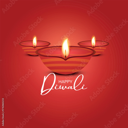 Happy Diwali greeting with three decorative diyas featuring striped patterns and bright flames. A festive, traditional design with a bold red background, perfect for the festival of lights.