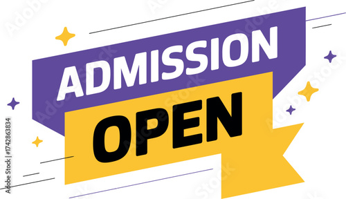 Vector art of admission is open banner the banner is purple and yellow with stars and the text admission open
