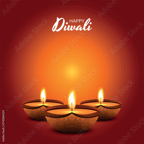 Happy Diwali greeting with three beautifully lit earthen diyas glowing brightly against a warm red and orange gradient background. A simple and traditional design for the festival of lights.