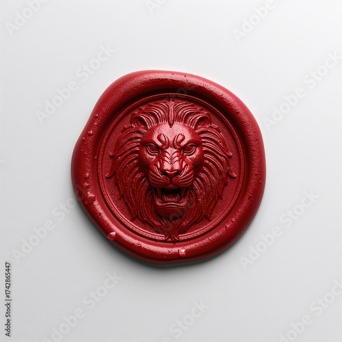 Red wax seal with embossed lion head design on white background