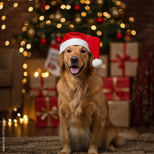 Golden Retriever dog wearing Santa hat sitting in front of a cozy Christmas tree with lights and fireplace, festive holiday background