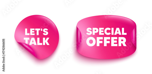 Lets talk sticker banner. Paper price label. Lets talk tag. Connect offer sign. Conversation symbol. Paper sticker with message. Offer label banner. Vector