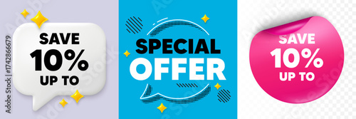 Discount speech bubble. 3d sparkles chat, Paper sticker. Save up to 10 percent. Discount Sale offer price sign. Special offer symbol. Special offer bubble. Halftone dots pattern. Vector