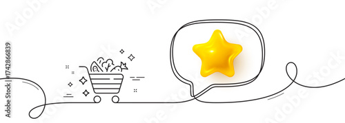 Vegetables cart line icon. Continuous line with 3d star. Lettuce, carrot with tomato sign. Low calories food symbol. 3d star in speech bubble. Vegetables cart single line ribbon. Vector