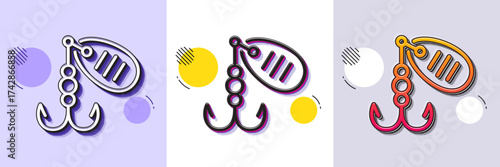 Fishing lure line icon. Halftone dotted pattern. Gradient icon with grain shadow. Spinning bait sign. Catching fish symbol. Line fishing lure icon. Various designs. Vector
