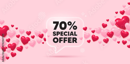 Discount glass speech bubble. 3d hearts pink background. 70 percent discount offer tag. Sale price promo sign. Special offer symbol. Valentines day greeting card. Flying hearts. Vector