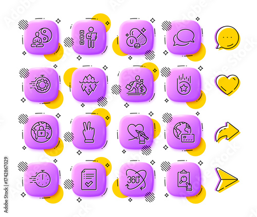 Yoga, Messenger and Voting ballot line icons. App 3d buttons. Social media comment, share, like icons. Pack of Internet pay, Victory hand, Iceberg icon. Vector