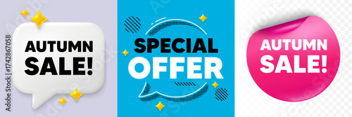 Autumn sale speech bubble. 3d sparkles chat, Paper sticker. Autumn Sale tag. Special offer price sign. Advertising Discounts symbol. Special offer bubble. Halftone dots pattern. Vector