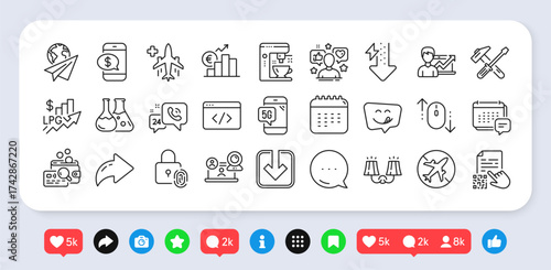 Coffee maker, Rise price and Medical flight line icons pack. Social media: share, comment, like icons. Inspect, Sconce light, Fingerprint lock web icon. Vector