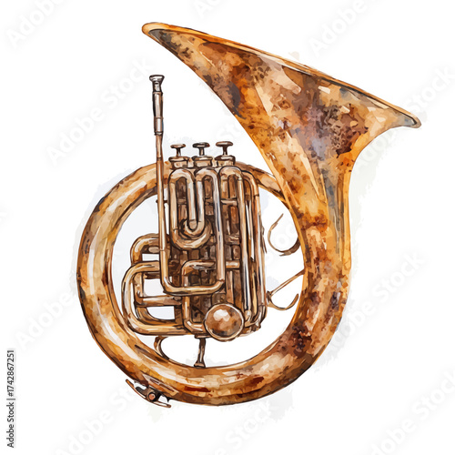 French Horn, watercolor clipart vector, isolated on a white background.