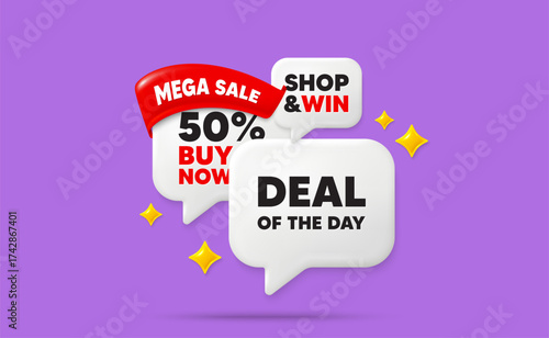 Day deal speech bubbles. Mega sale flag ribbon. Deal of the day tag. Special offer price sign. Advertising discounts symbol. Discount chat bubbles with 3d sparkles. Vector