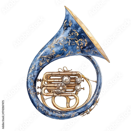 watercolor vector of French Horn, isolated on a white background.