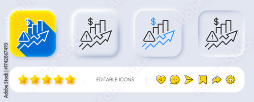 Rise price line icon. Neumorphic, Flat shadow, 3d buttons. Excise duty graph sign. Tax rate or inflation symbol. Line rise price icon. Social media icons. Vector