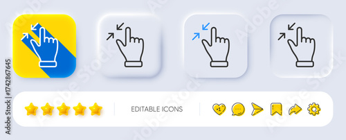 Touchscreen gesture line icon. Neumorphic, Flat shadow, 3d buttons. Zoom out sign. Action arrows symbol. Line touchscreen gesture icon. Social media icons. Vector
