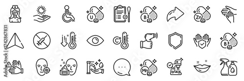 Face cream, Insurance hand and Celsius thermometer line icons pack. Share, Message, Paper plane icons. Lips, Dont touch, Electronic thermometer web icon. Vector