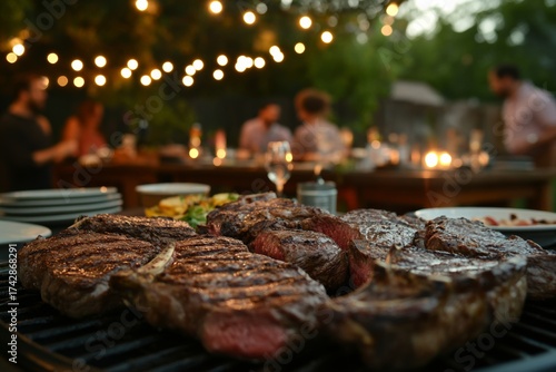 Evening backyard barbecue with grilled steaks and friends gathering