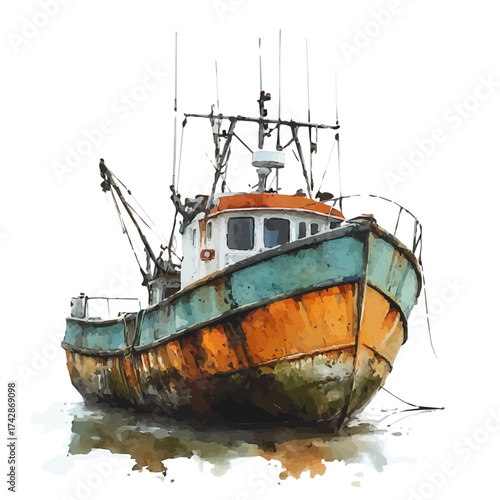 Fishing Boat, watercolor painting vector, isolated on a white background.