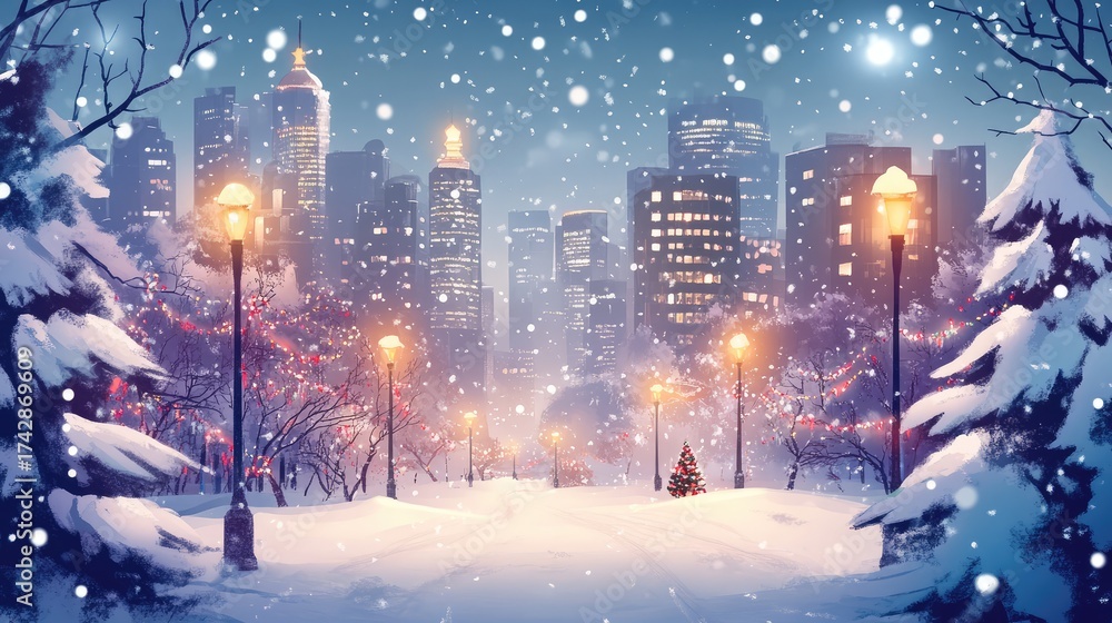 Obraz premium A snowy city street with a Christmas tree in the foreground