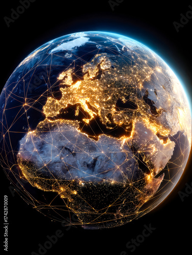 Illuminated earth showcasing interconnected global network at night