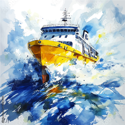Ferry, watercolor drawing vector, isolated on a white background.