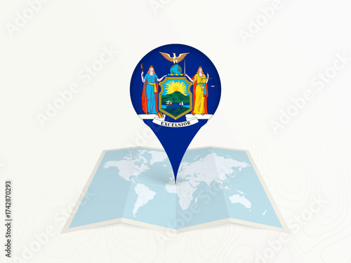 New York Map Pin with National Flag on Open World Map.