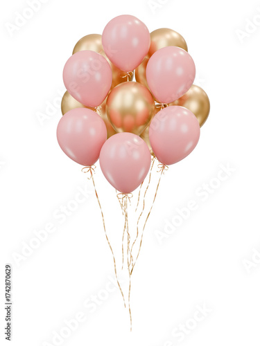 Gold and pink balloons bunch. Party celebration balloons on isolated background. 3d rendering. Applicable for birthday holiday design.