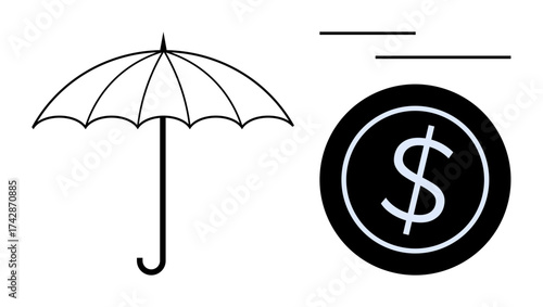 Black umbrella next to a dollar sign circle. Ideal for themes thumbs up finance, insurance, safety, savings, investment, risk management, and security. Clean simple flat metaphor