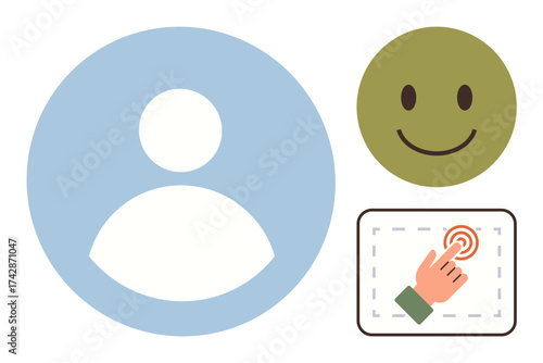 Blue user profile icon, green smiling face, and hand tapping touch symbol. Ideal for user interface, social media, online identity, communication, human interaction, emotional connection