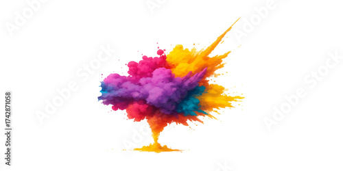 Bright, colorful paint splashes and soft rainbow feathers form an abstract, vibrant art pattern against a white background. vector watercolor illustration.