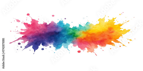Bright, colorful paint splashes and soft rainbow feathers form an abstract, vibrant art pattern against a white background. vector watercolor illustration.