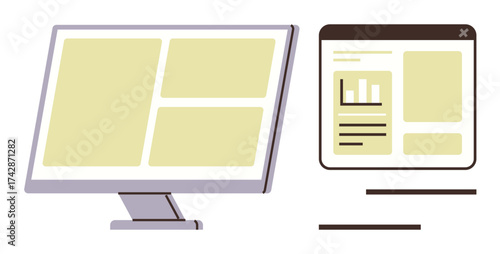 Desktop monitor and browser window showcasing data cards and charts. Ideal for web design, UIUX, content management, technology, data analysis, programming, software, simple flat metaphor