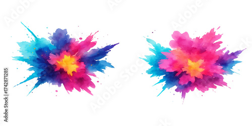 A colorful set of ink splashes creates a vibrant pattern of watercolor splatter and abstract paint drops