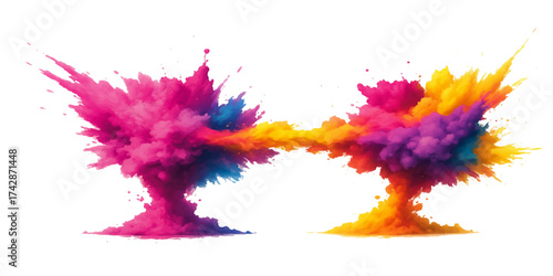  Colorful paint, watercolor, and ink splashes on a white background create a vibrant artistic texture and pattern