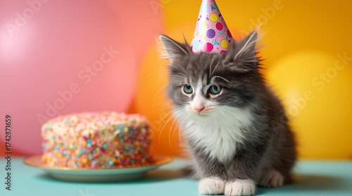 Playful video of fluffy kitten with festive hat near birthday cake, highlighting cheerful atmosphere and colorful decorations, suitable for animation, advertising, entertaining digital media