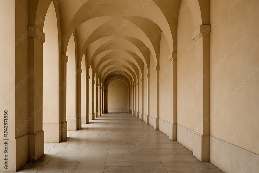 Fototapeta premium Long arched hallway with repeating columns and arches.