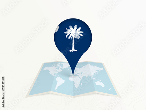 South Carolina Map Pin with National Flag on Open World Map.