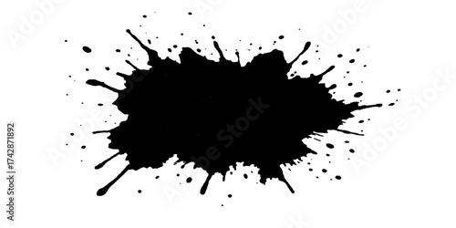 Black ink splat and blot design elements with grunge paint texture and silhouette spots, drops, and drips