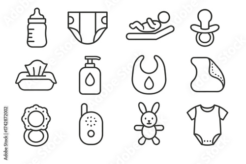 Baby essentials icons: bottle, diaper, pacifier, bib, onesie, and more