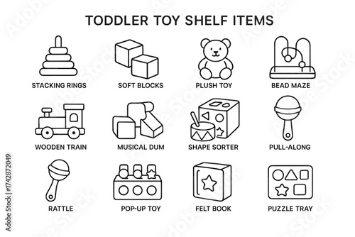 Toddler toy shelf items illustration with stacking rings and plush toy