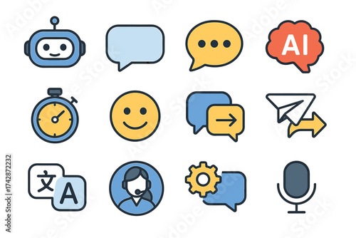 Ai and communication icons collection: bot, chat, timer, translation, microphone